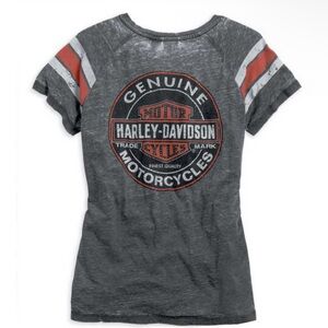 EUC Harley-Davidson® Womens V-neck Genuine Oil Can Burnout Tee || Grey || Small